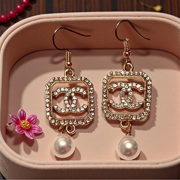 Upcycled Jewelry - Designer Inspired Gold Crystal Logo and Pearl Drop Earrings